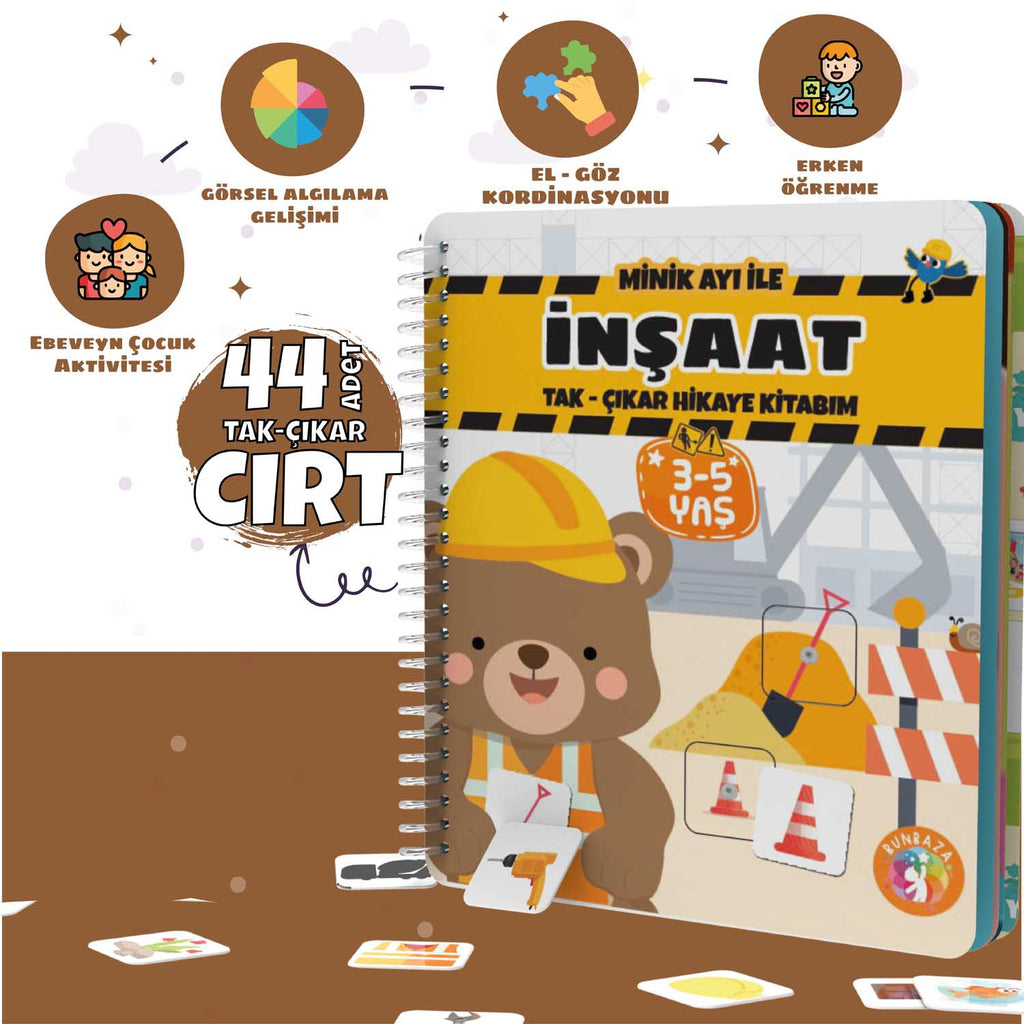 Tak-çıkar Cırt Cırtlı Minik Ayı ile İnşaat Aktivite Kitabı 44 Adet Cırt