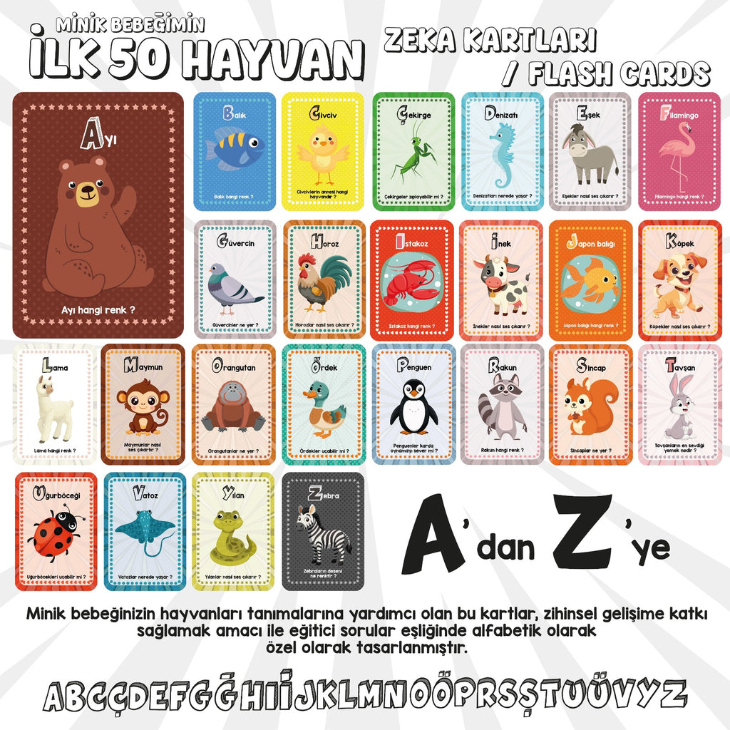 A'dan Z'ye Minik Bebeğimin İlk 50 Hayvanı Zeka Kartı/ Flash Kart