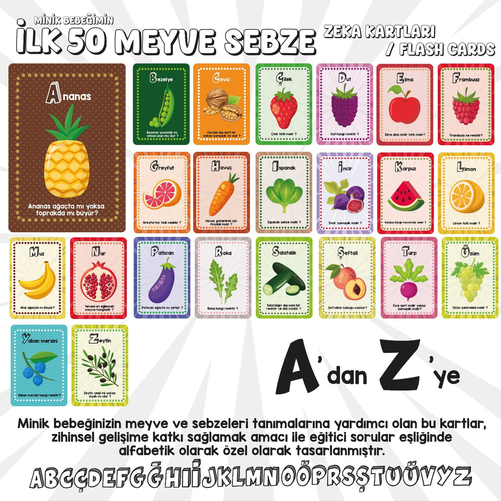 A'dan Z'ye Minik Bebeğimin İlk 50 Meyve Sebze Zeka Kartı / Flash Kart