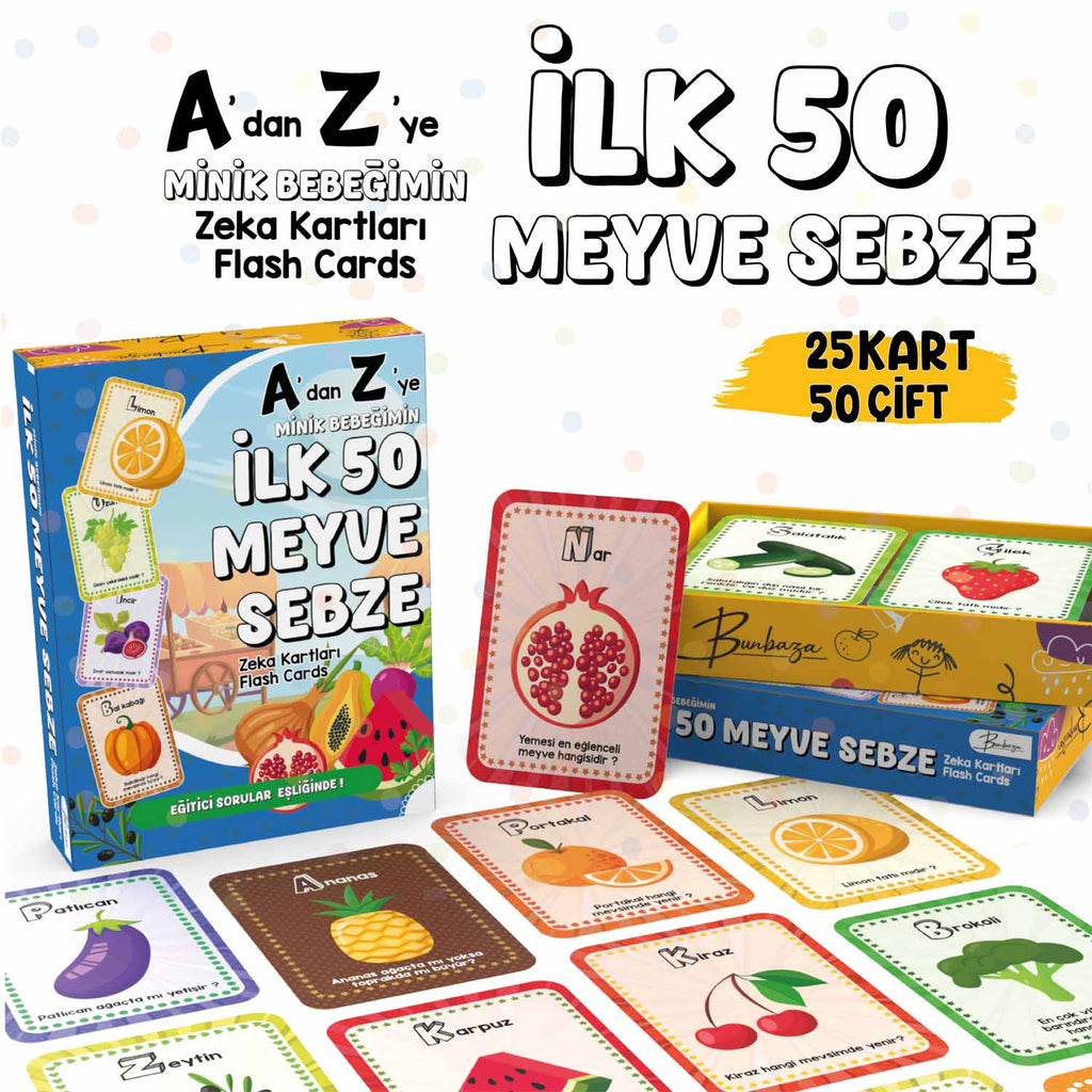 A'dan Z'ye Minik Bebeğimin İlk 50 Meyve Sebze Zeka Kartı / Flash Kart