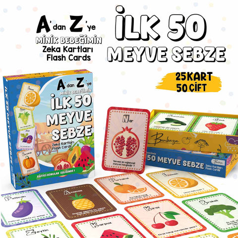 A'dan Z'ye Minik Bebeğimin İlk 50 Meyve Sebze Zeka Kartı / Flash Kart